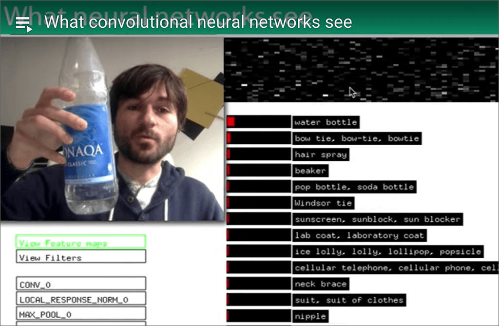 Screenshot of man holding water bottle and neural net evaluation of video image