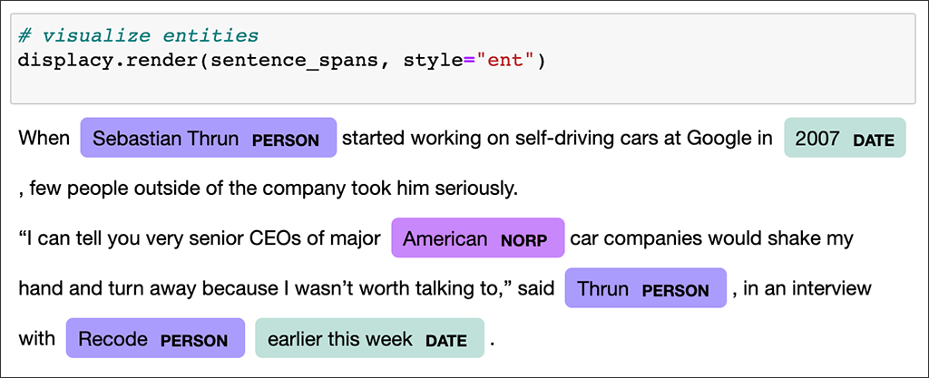 Screenshot from Jupyter Notebook showing named entities